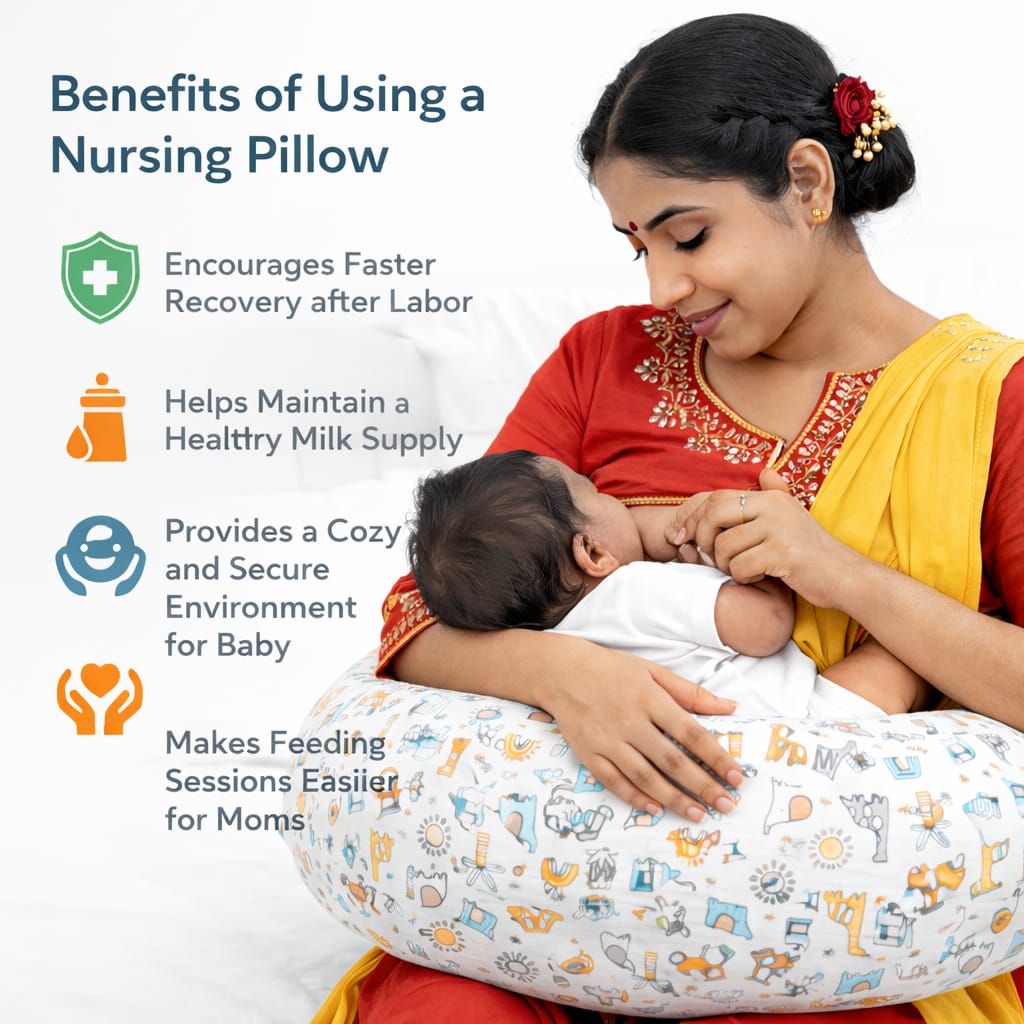 Adjustable C-Shaped Nursing Pillow with Strap – Baby Feeding Support Cushion for Breastfeeding & Bottle Feeding, Soft Cotton Maternity Pillow for Newborns & Infants (Cute Print)