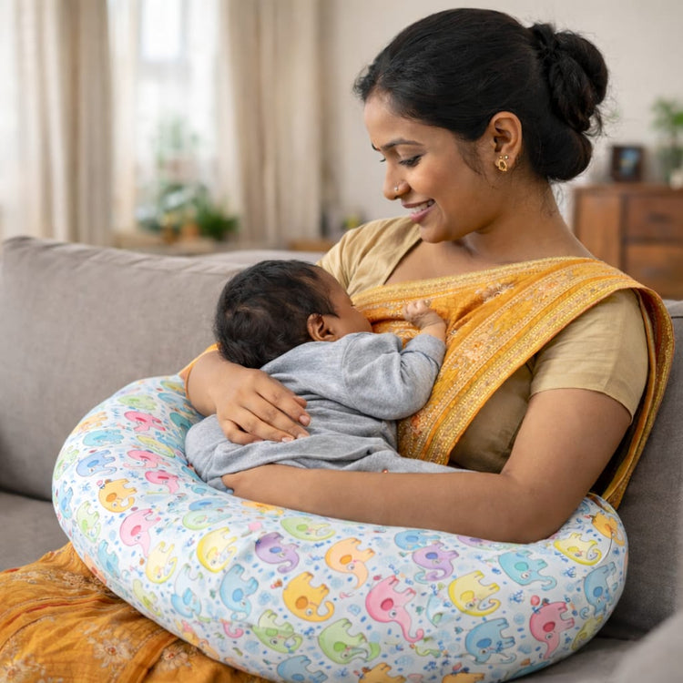 Baby Feeding Pillow C Shape – Nursing Pillow for Breastfeeding & Bottle Feeding with Adjustable Strap, Soft Support Cushion for Mom & Newborn, Elephant Print