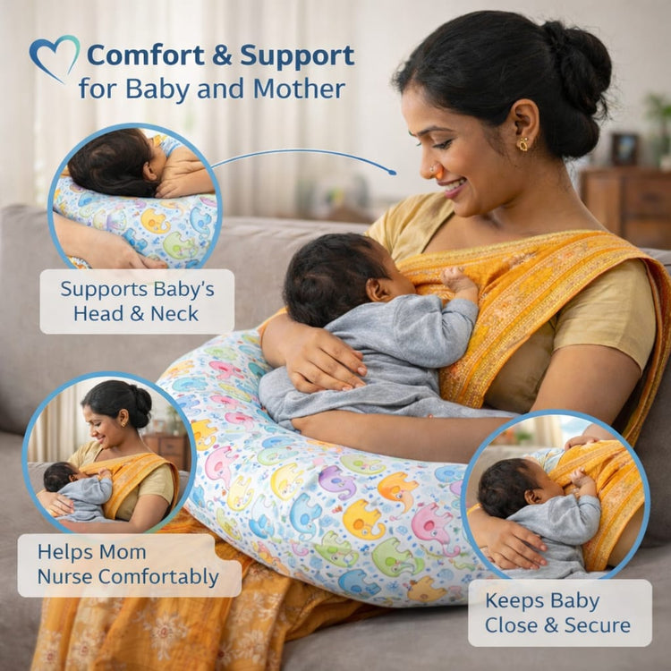 Baby Feeding Pillow C Shape – Nursing Pillow for Breastfeeding & Bottle Feeding with Adjustable Strap, Soft Support Cushion for Mom & Newborn, Elephant Print