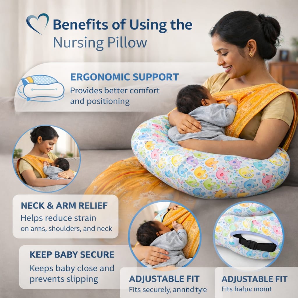 Baby Feeding Pillow C Shape – Nursing Pillow for Breastfeeding & Bottle Feeding with Adjustable Strap, Soft Support Cushion for Mom & Newborn, Elephant Print