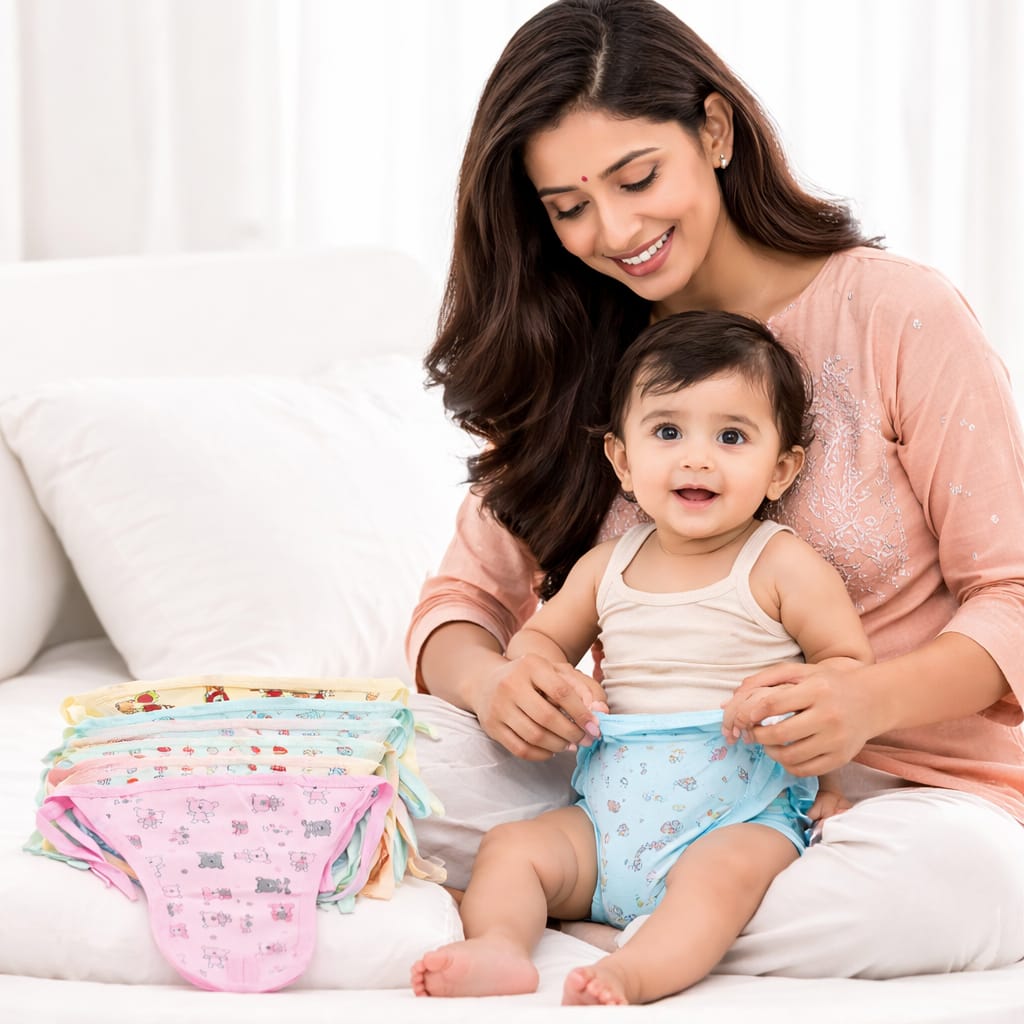 DHOOTHA™ Baby New Born Nappy Pack of 5 (0–3 Months) | Soft Reusable Cotton Langot Style Diaper | Adjustable Tie Closure, Breathable & Absorbent | Comfortable Daily Wear for Infants