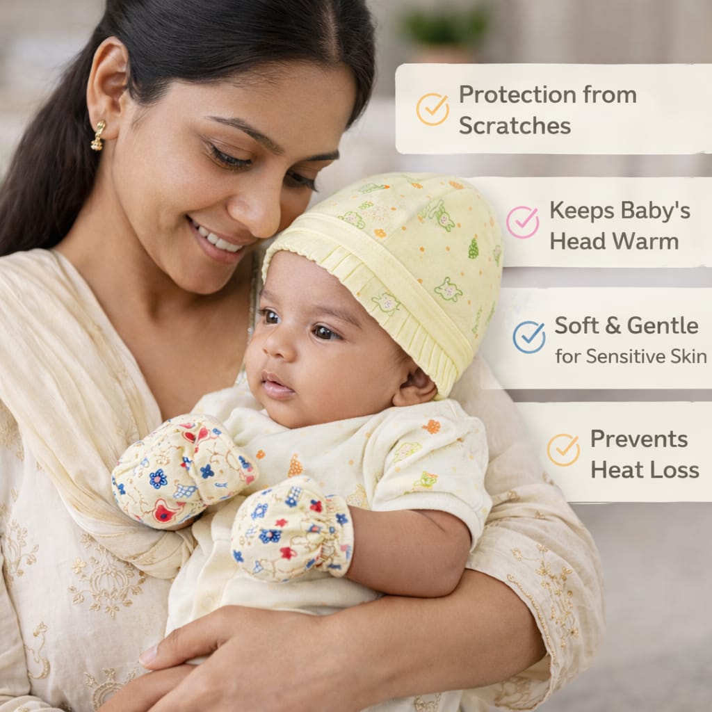 Dhootha™ Newborn Baby Cap and Mitten Set (0–3 Months) | Ultra Soft Cotton Infant Beanie Hat & No-Scratch Mittens | Breathable, Skin-Friendly, Anti-Slip Fit | Baby Boy & Girl Essentials Gift Set