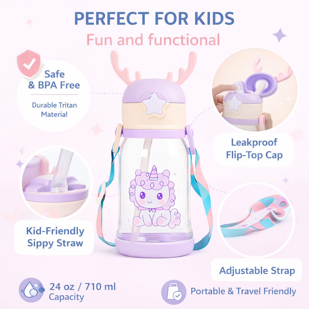 Kids Unicorn Water Bottle with Straw & Strap – Cute Leakproof Sipper Bottle for Girls, BPA Free Portable Drinking Bottle for School, Travel & Outdoor Use