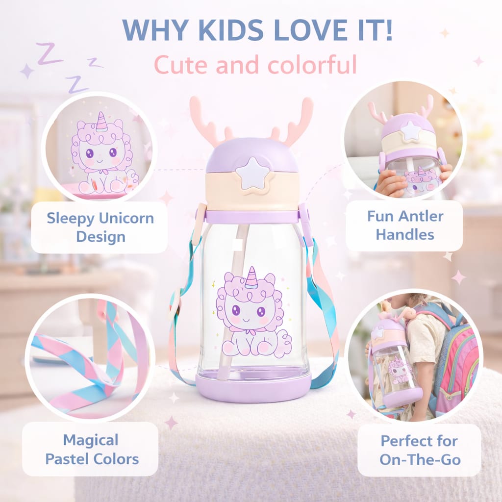 Kids Unicorn Water Bottle with Straw & Strap – Cute Leakproof Sipper Bottle for Girls, BPA Free Portable Drinking Bottle for School, Travel & Outdoor Use