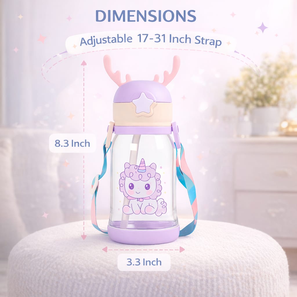 Kids Unicorn Water Bottle with Straw & Strap – Cute Leakproof Sipper Bottle for Girls, BPA Free Portable Drinking Bottle for School, Travel & Outdoor Use