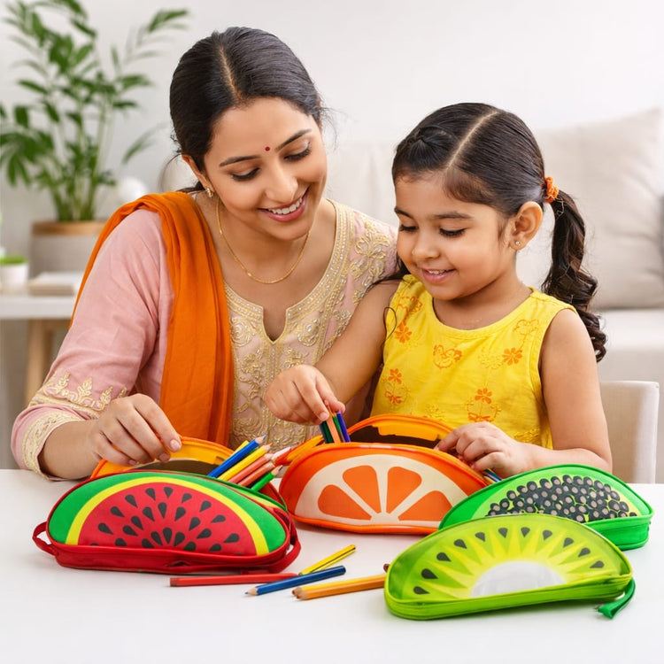 Fruit Shape Pencil Pouch Set for Kids – Cute Zipper Cosmetic & Stationery Organizer, Watermelon Orange Kiwi Printed Storage Bags for School, Travel & Makeup (Multi-Design Pack)