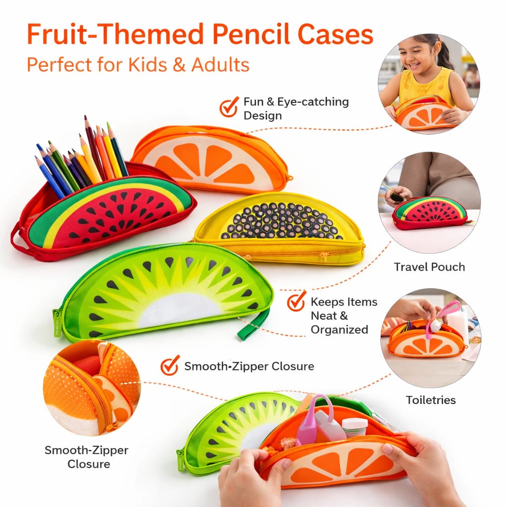 Fruit Shape Pencil Pouch Set for Kids – Cute Zipper Cosmetic & Stationery Organizer, Watermelon Orange Kiwi Printed Storage Bags for School, Travel & Makeup (Multi-Design Pack)