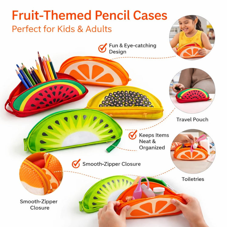 Fruit Shape Pencil Pouch Set for Kids – Cute Zipper Cosmetic & Stationery Organizer, Watermelon Orange Kiwi Printed Storage Bags for School, Travel & Makeup (Multi-Design Pack)