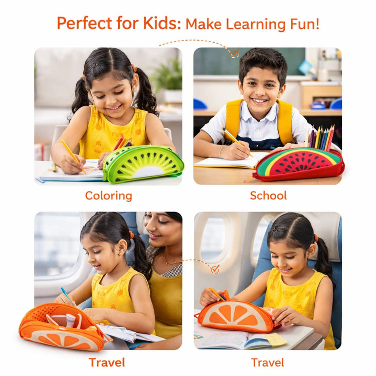 Fruit Shape Pencil Pouch Set for Kids – Cute Zipper Cosmetic & Stationery Organizer, Watermelon Orange Kiwi Printed Storage Bags for School, Travel & Makeup (Multi-Design Pack)