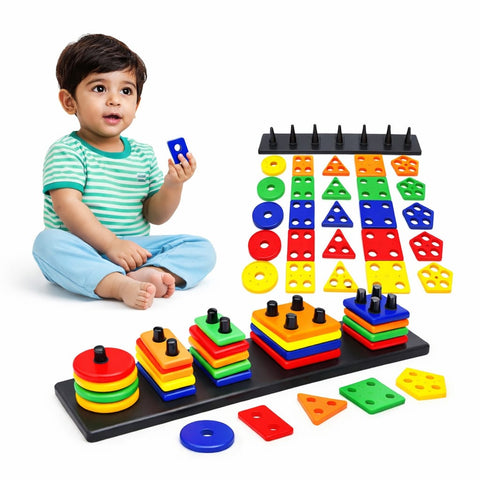 Kids Wooden Geometric Stacking Toy – Shape Sorter & Color Sorting Blocks with Peg Board – Educational Montessori Learning Toy for Toddlers 1-3 Years