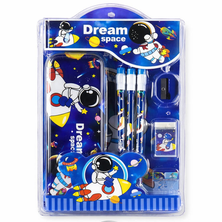 Cute Cartoon Theme Stationery Set for Kids with Metal Pencil Box | School Supplies Kit with Printed Pencils, Erasers & Sharpener | Birthday Return Gift for Boys & Girls Age 4–12