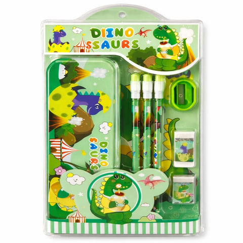 Cute Cartoon Theme Stationery Set for Kids with Metal Pencil Box | School Supplies Kit with Printed Pencils, Erasers & Sharpener | Birthday Return Gift for Boys & Girls Age 4–12