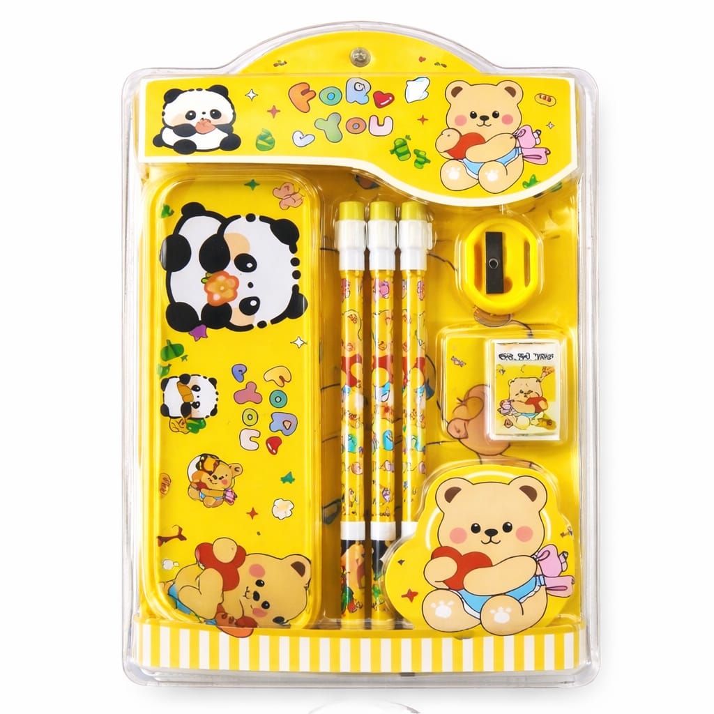 Cute Cartoon Theme Stationery Set for Kids with Metal Pencil Box | School Supplies Kit with Printed Pencils, Erasers & Sharpener | Birthday Return Gift for Boys & Girls Age 4–12