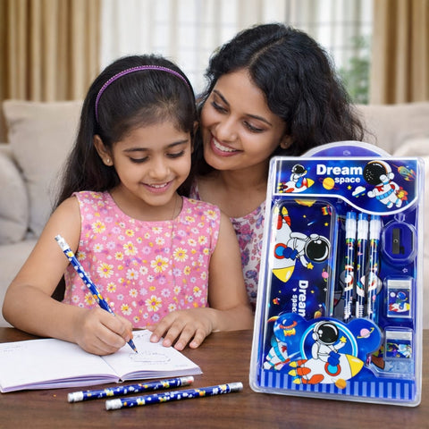 Cute Cartoon Theme Stationery Set for Kids with Metal Pencil Box | School Supplies Kit with Printed Pencils, Erasers & Sharpener | Birthday Return Gift for Boys & Girls Age 4–12