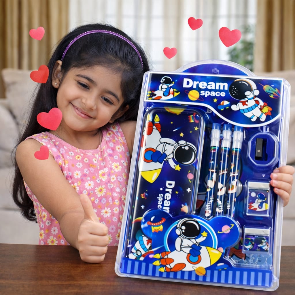 Cute Cartoon Theme Stationery Set for Kids with Metal Pencil Box | School Supplies Kit with Printed Pencils, Erasers & Sharpener | Birthday Return Gift for Boys & Girls Age 4–12