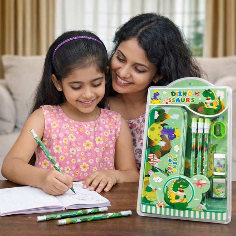 Cute Cartoon Theme Stationery Set for Kids with Metal Pencil Box | School Supplies Kit with Printed Pencils, Erasers & Sharpener | Birthday Return Gift for Boys & Girls Age 4–12