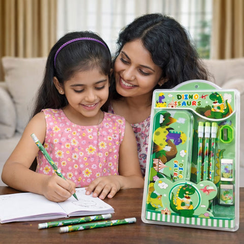 Cute Cartoon Theme Stationery Set for Kids with Metal Pencil Box | School Supplies Kit with Printed Pencils, Erasers & Sharpener | Birthday Return Gift for Boys & Girls Age 4–12