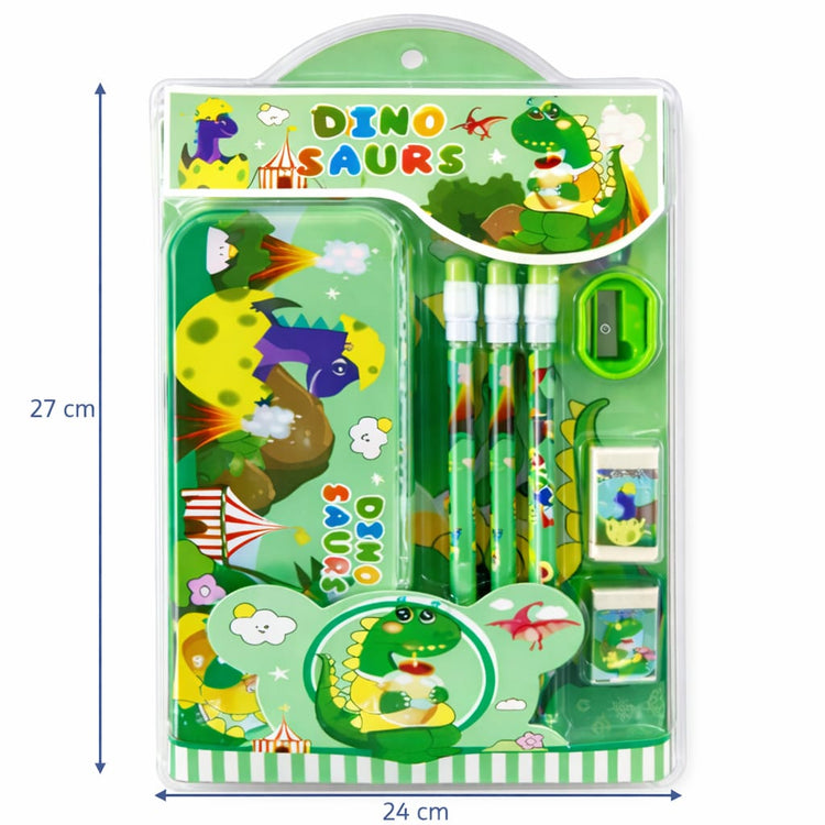 Cute Cartoon Theme Stationery Set for Kids with Metal Pencil Box | School Supplies Kit with Printed Pencils, Erasers & Sharpener | Birthday Return Gift for Boys & Girls Age 4–12
