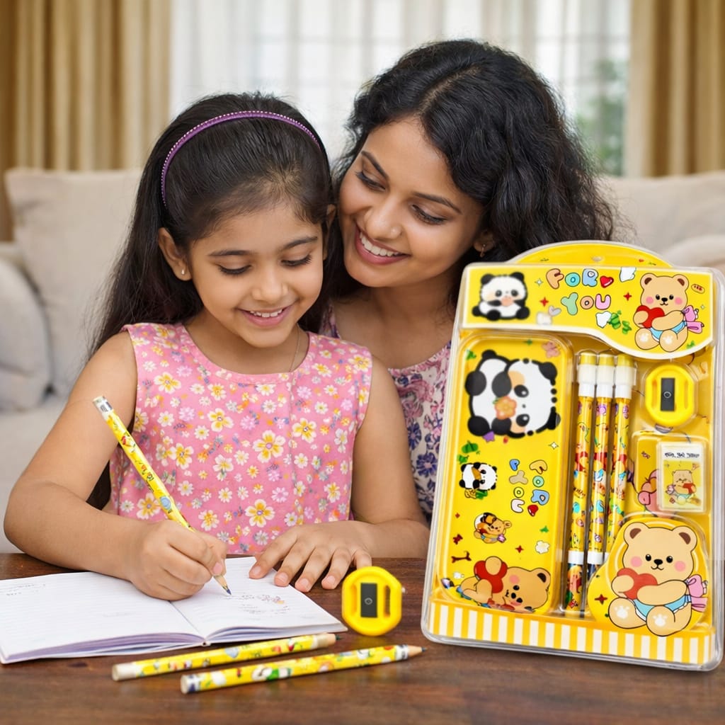 Cute Cartoon Theme Stationery Set for Kids with Metal Pencil Box | School Supplies Kit with Printed Pencils, Erasers & Sharpener | Birthday Return Gift for Boys & Girls Age 4–12
