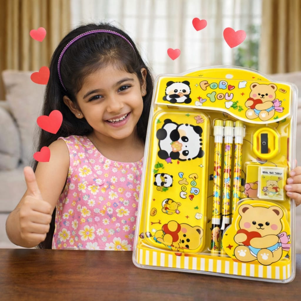 Cute Cartoon Theme Stationery Set for Kids with Metal Pencil Box | School Supplies Kit with Printed Pencils, Erasers & Sharpener | Birthday Return Gift for Boys & Girls Age 4–12