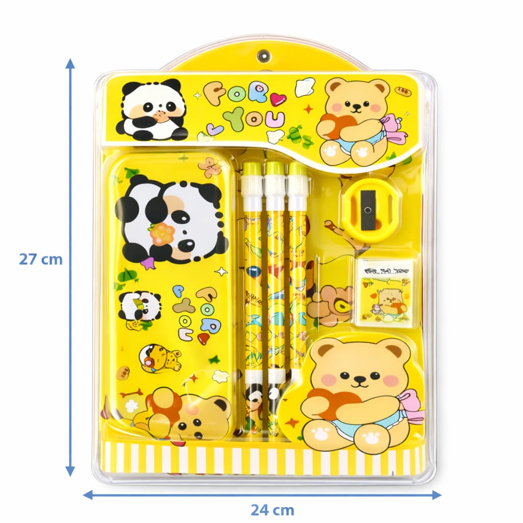 Cute Cartoon Theme Stationery Set for Kids with Metal Pencil Box | School Supplies Kit with Printed Pencils, Erasers & Sharpener | Birthday Return Gift for Boys & Girls Age 4–12
