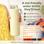 Glass Water Bottle with Lid – Leakproof Reusable Drinking Bottle, Stylish Ribbed Design, BPA-Free Eco-Friendly Glass Bottle for Water, Juice & Beverages, Travel Office Gym (Yellow)