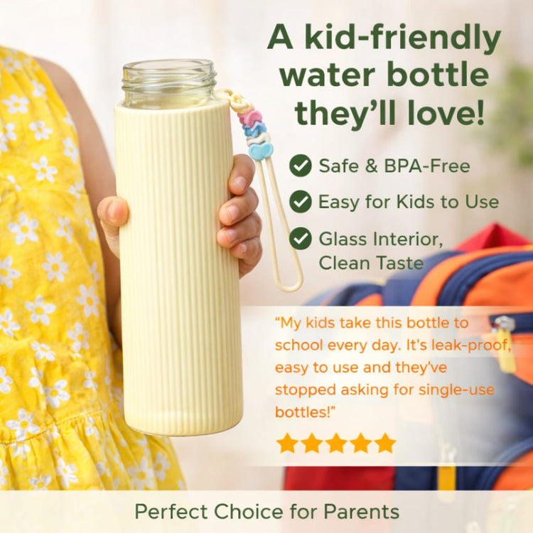 Glass Water Bottle with Lid – Leakproof Reusable Drinking Bottle, Stylish Ribbed Design, BPA-Free Eco-Friendly Glass Bottle for Water, Juice & Beverages, Travel Office Gym (Yellow)