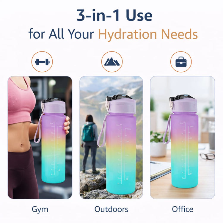 Motivational Water Bottle 1 Liter with Time Marker & Straw – Leakproof BPA-Free Gym Water Bottle for Fitness, Office, Yoga & Outdoor – Daily Water Intake Tracker Bottle for Men & Women