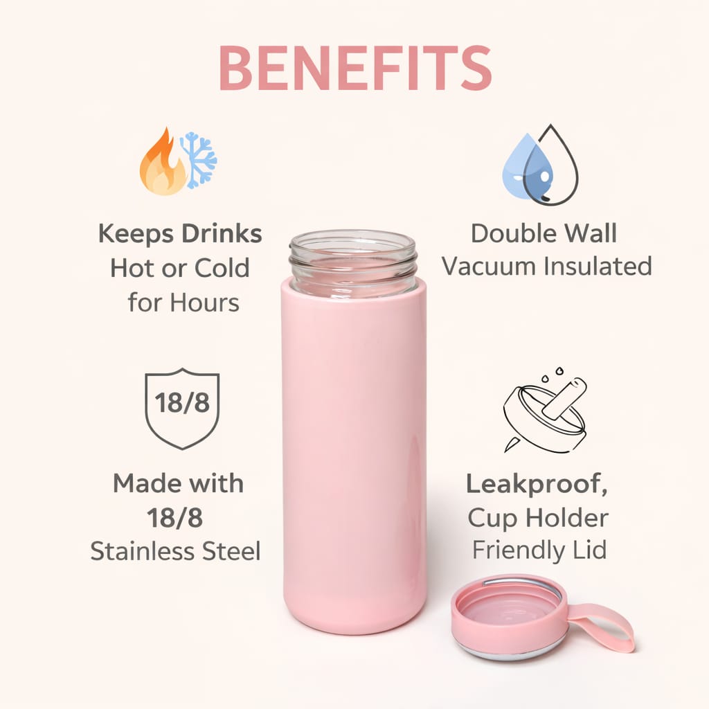 Cute Pink Insulated Water Bottle with Bunny Ear Lid – Leakproof Stainless Steel Thermos, Double Wall Vacuum Flask for Hot & Cold Drinks, Portable Travel Bottle for Kids & Adults