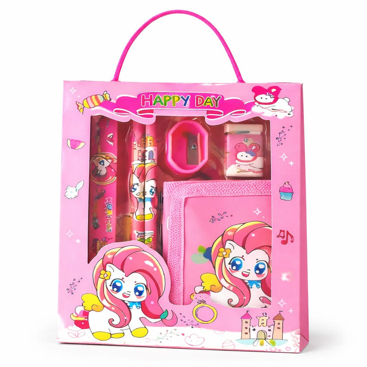 Cute Pink Kids Stationery Gift Set – Cartoon School Supplies Kit with Notebook, Pencil, Eraser & Accessories – Kawaii Writing Set for Girls, Back to School Gift Pack