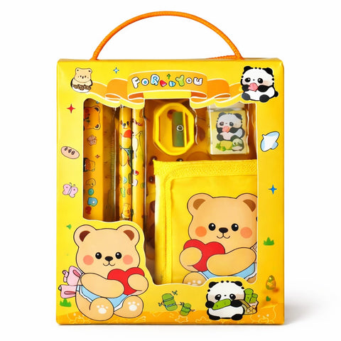 Cute Teddy Bear Kids Stationery Gift Set – Yellow Cartoon School Supplies Kit with Notebook, Pencil, Eraser & Sharpener – Kawaii Writing Set for Boys & Girls, Return Gift Pack