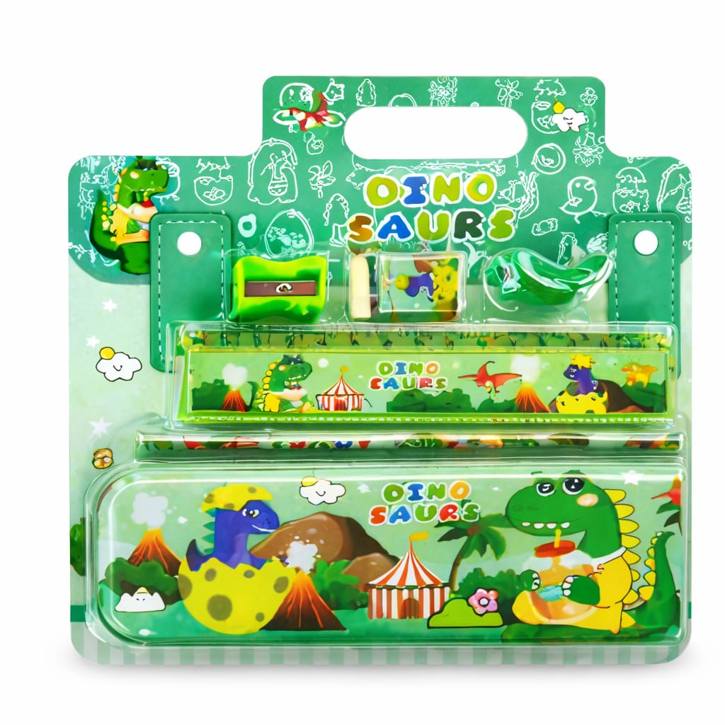 Kids Dinosaur Stationery Set – Cute Dino Pencil Case with Pencil, Eraser & Sharpener – Cartoon School Supplies Kit for Boys & Girls, Back to School Gift Set
