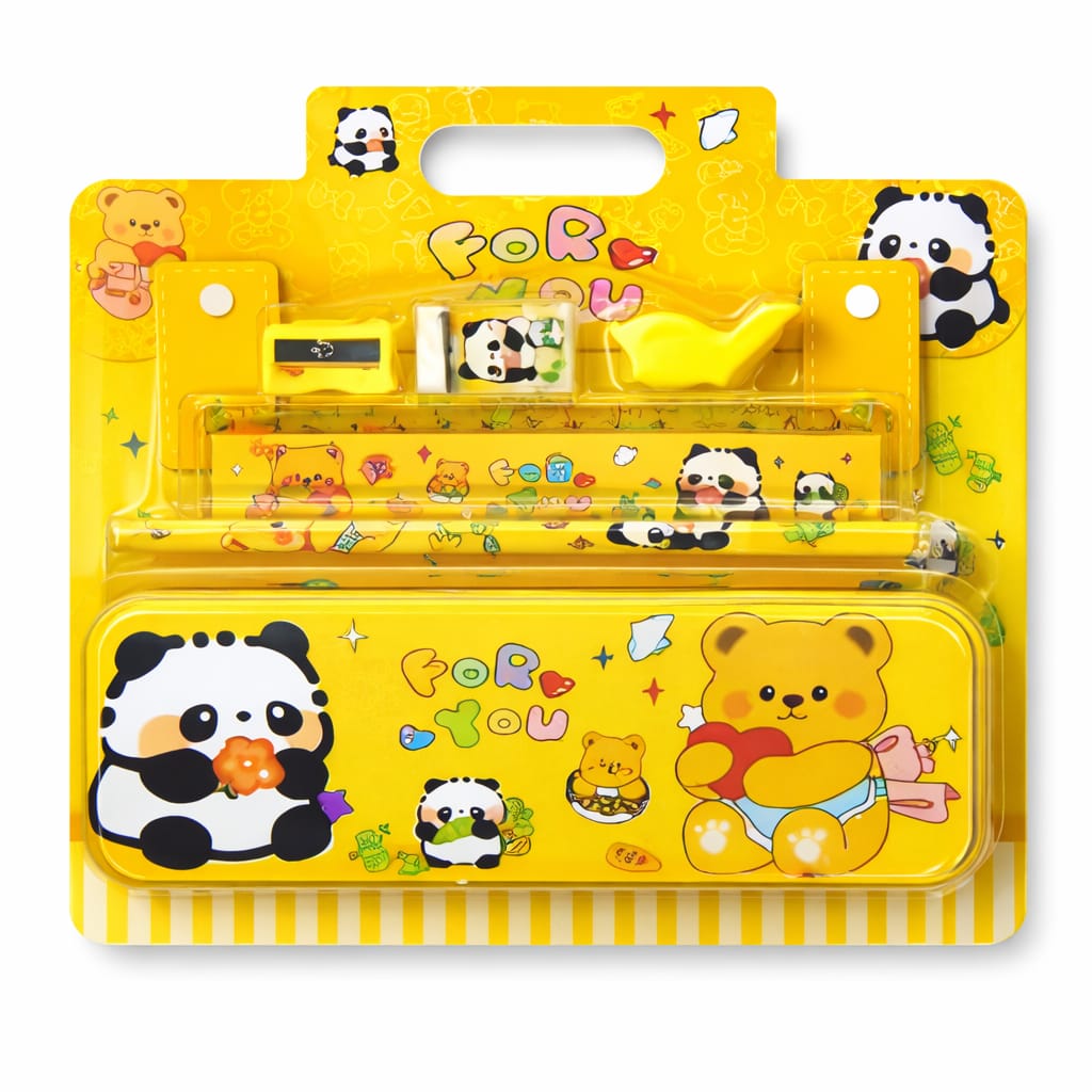Kids Panda Teddy Stationery Set – Cute Pencil Case with Pencil, Eraser & Sharpener – Cartoon School Supplies Kit for Boys & Girls, Back to School Gift Set