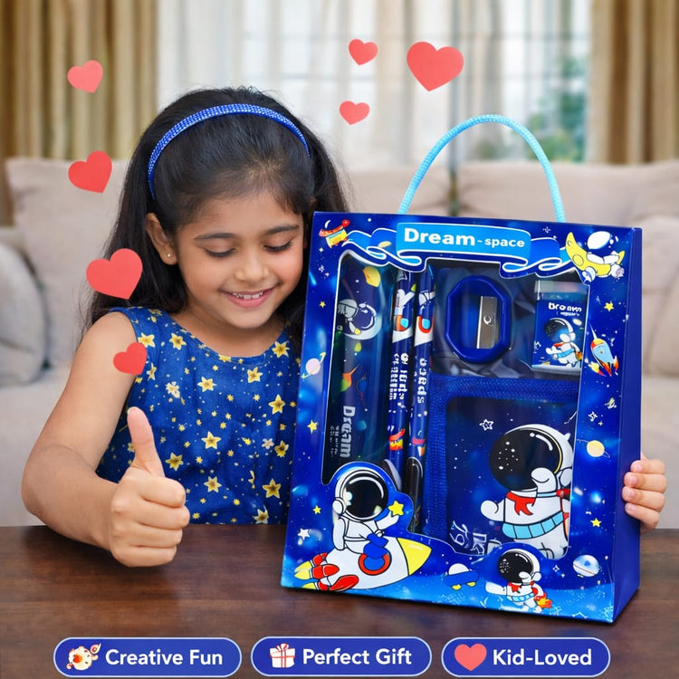 Space Astronaut Theme Stationery Set for Kids with Pencil Box | Galaxy School Supplies Gift Kit with Pencils, Eraser & Sharpener | Birthday Return Gift for Boys & Girls Age 5–12
