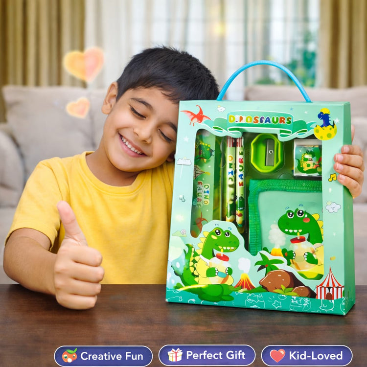 Dinosaur Kids Stationery Gift Set – Cute School Supplies Kit with Notebook, Pencil, Eraser & Sharpener – Cartoon Dino Writing Set for Boys & Girls, Return Gift Pack