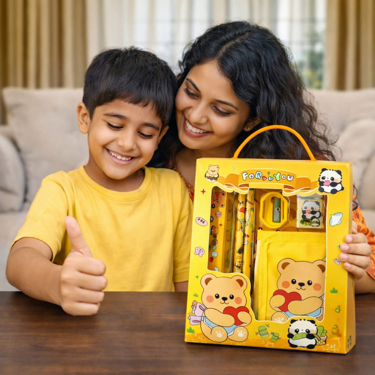 Cute Teddy Bear Kids Stationery Gift Set – Yellow Cartoon School Supplies Kit with Notebook, Pencil, Eraser & Sharpener – Kawaii Writing Set for Boys & Girls, Return Gift Pack