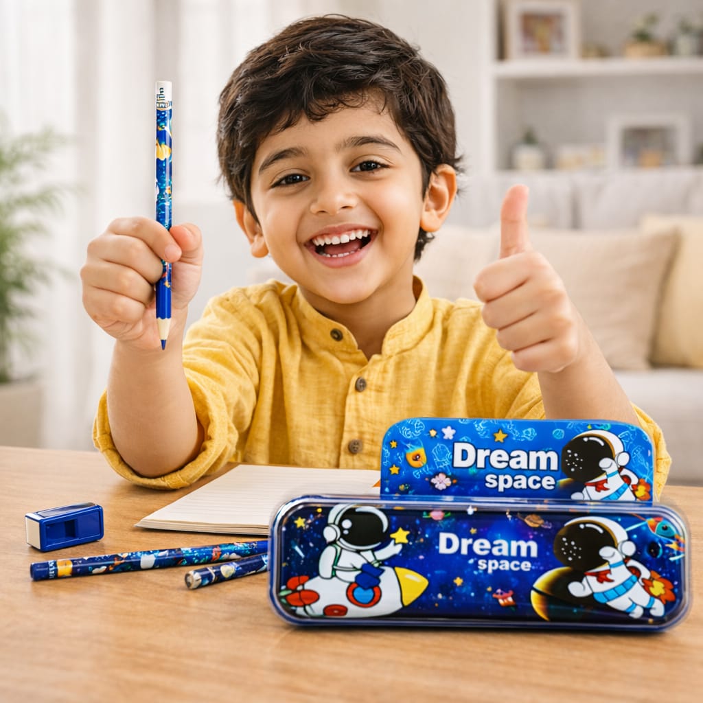 Kids Space Stationery Set – Astronaut Pencil Case with Pencil, Eraser & Sharpener – Dream Space School Supplies Kit for Boys & Girls, Cartoon Gift Set