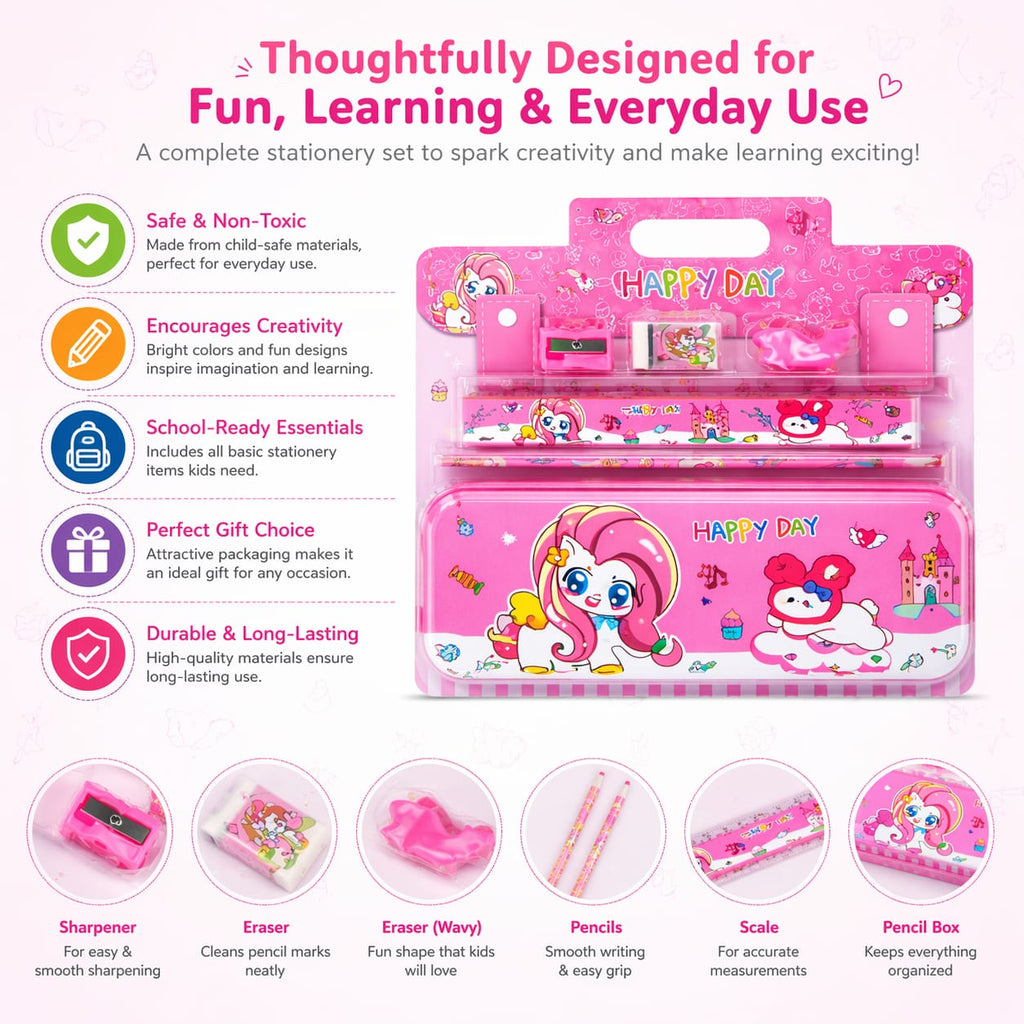 Kids Unicorn Stationery Set – Cute Pink Pencil Case with Pencil, Eraser & Sharpener – Cartoon School Supplies Kit for Girls, Back to School Gift Set