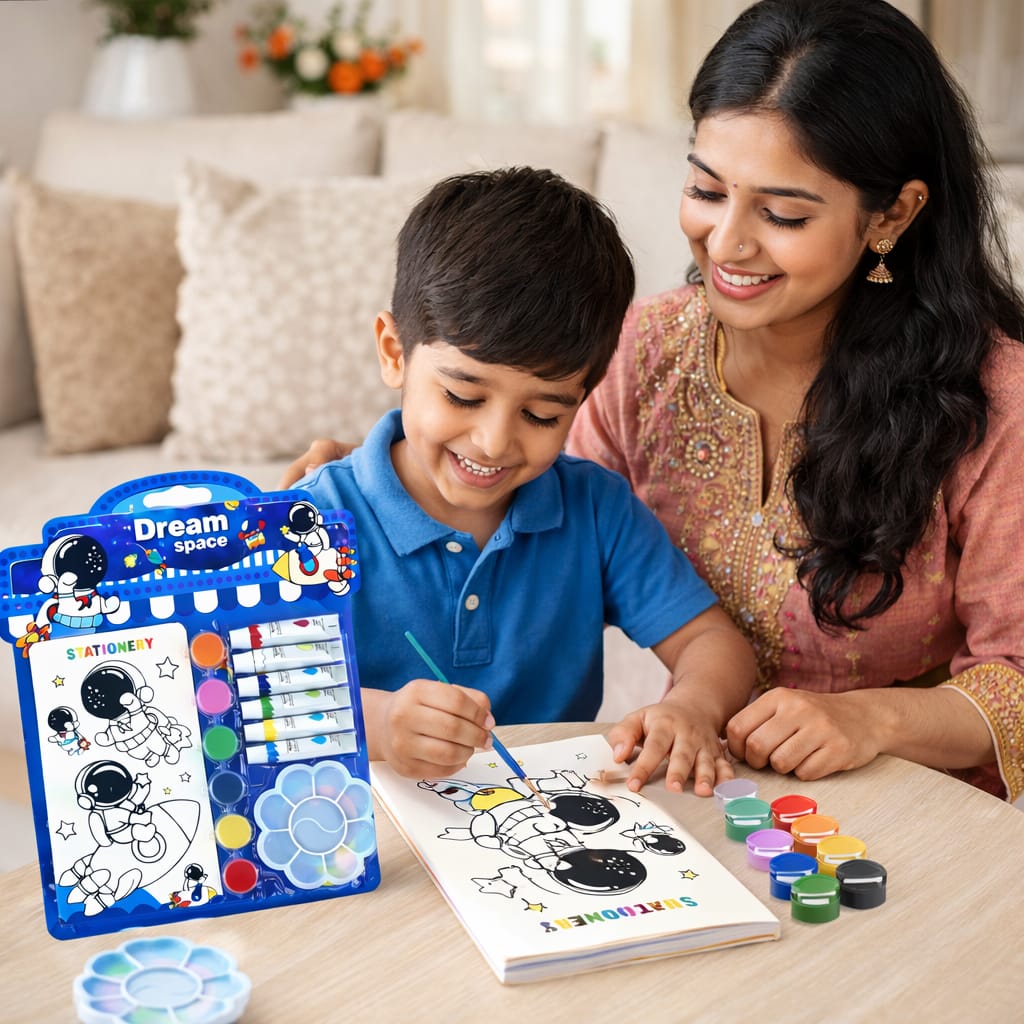 Kids Space Painting Kit – Astronaut Watercolor & DIY Art Set with Paint Tubes, Brush, Palette & Coloring Book – Creative Drawing Kit for Boys & Girls, Gift Set
