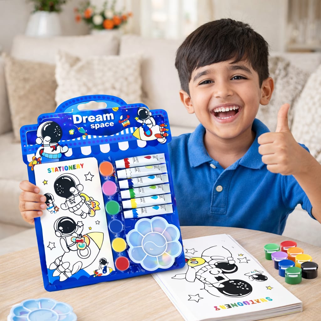 Kids Space Painting Kit – Astronaut Watercolor & DIY Art Set with Paint Tubes, Brush, Palette & Coloring Book – Creative Drawing Kit for Boys & Girls, Gift Set