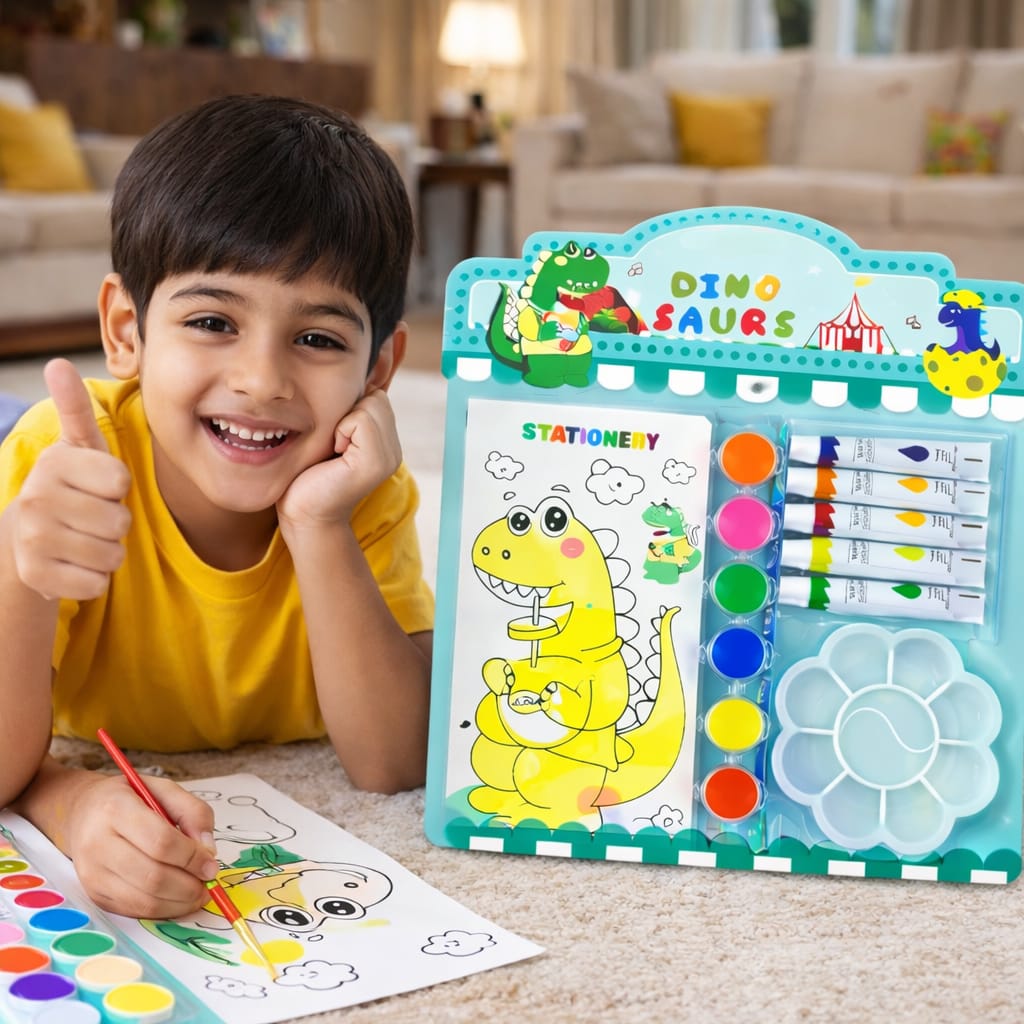 Kids Dinosaur Painting Kit – Watercolor & DIY Art Set with Paint Tubes, Brush, Palette & Coloring Book – Dino Drawing Kit for Boys & Girls, Creative Gift Set