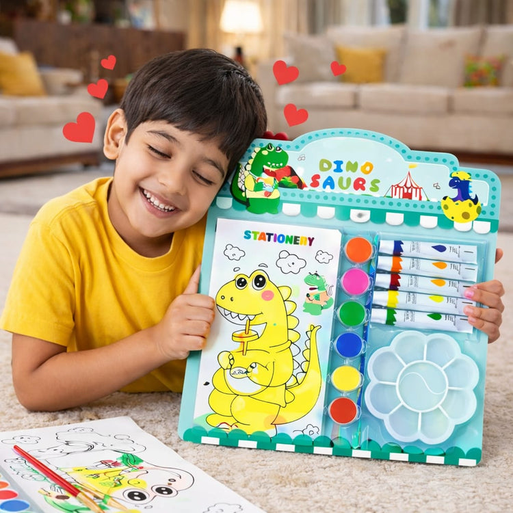 Kids Dinosaur Painting Kit – Watercolor & DIY Art Set with Paint Tubes, Brush, Palette & Coloring Book – Dino Drawing Kit for Boys & Girls, Creative Gift Set