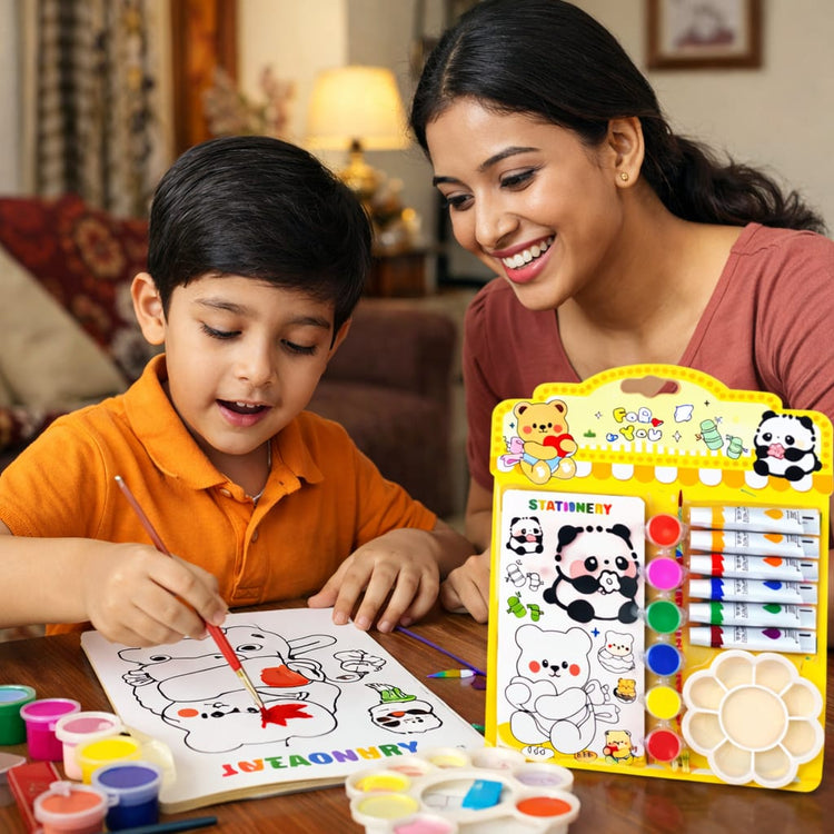 Kids Panda & Teddy Painting Kit – Watercolor & DIY Art Set with Paint Tubes, Brush, Palette & Coloring Book – Cute Cartoon Drawing Kit for Boys & Girls, Creative Gift Set