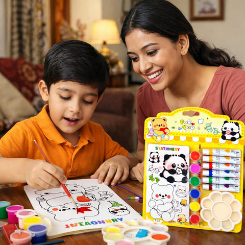 Kids Panda & Teddy Painting Kit – Watercolor & DIY Art Set with Paint Tubes, Brush, Palette & Coloring Book – Cute Cartoon Drawing Kit for Boys & Girls, Creative Gift Set