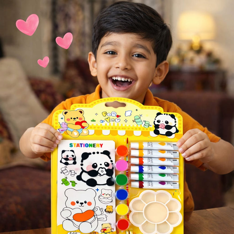 Kids Panda & Teddy Painting Kit – Watercolor & DIY Art Set with Paint Tubes, Brush, Palette & Coloring Book – Cute Cartoon Drawing Kit for Boys & Girls, Creative Gift Set
