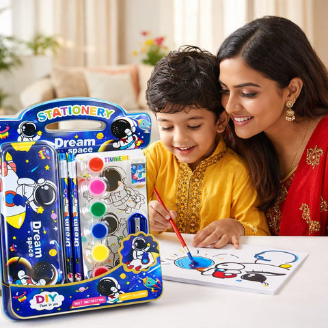 Kids Space Stationery & Painting Set – Astronaut Pencil Case with Watercolor Paints, Brush, Pencils, Eraser & Sharpener – DIY Art & School Supplies Kit for Boys & Girls