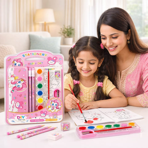 Kids Unicorn Stationery & Painting Set – Cute Pencil Case with Watercolor Paints, Brush, Pencils, Eraser & Sharpener – DIY Art & School Supplies Kit for Girls