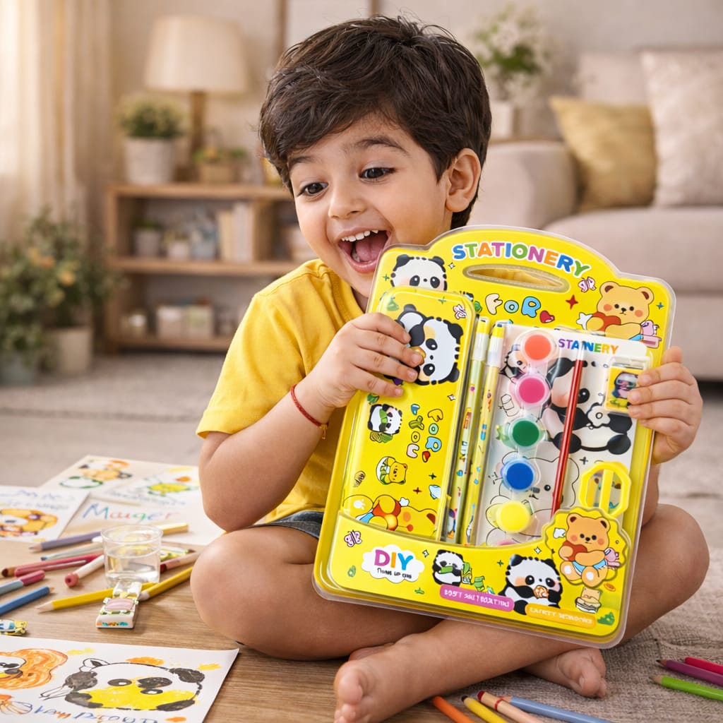 Kids Panda Stationery & Painting Set – Cute Pencil Case with Watercolor Paints, Brush, Pencils, Eraser & Sharpener – DIY Art & School Supplies Kit for Boys & Girls