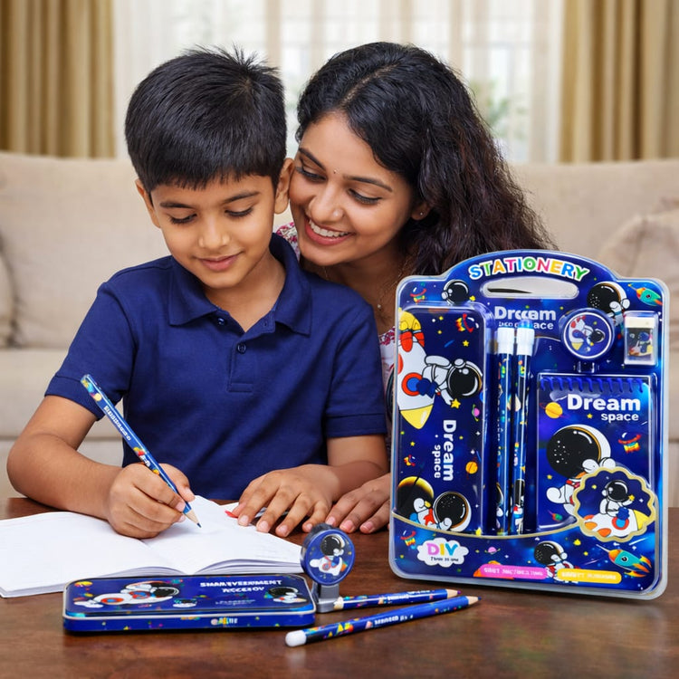Kids Space Theme Stationery Set | Astronaut School Supplies Kit with Pencil, Eraser, Sharpener & Notebook | Gift Set for Boys & Girls