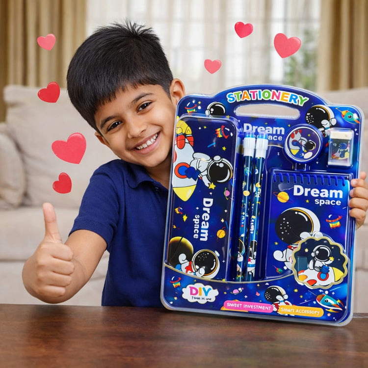 Kids Space Theme Stationery Set | Astronaut School Supplies Kit with Pencil, Eraser, Sharpener & Notebook | Gift Set for Boys & Girls